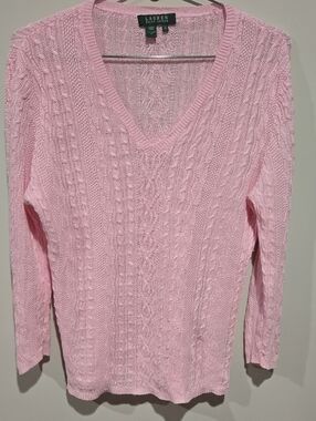 Lauren Ralph Lauren Light Pink Cable-Knit V-Neck Sweater XL
